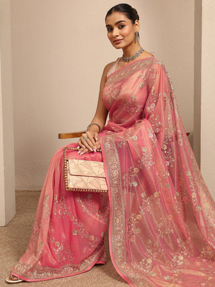 Peach Embroidered Nylon Saree With Unstitched Blouse Piece