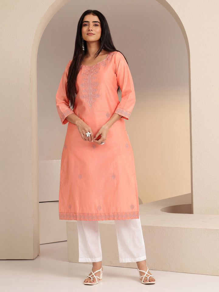 Libas Peach Embroidered Silk Blend Straight Kurta