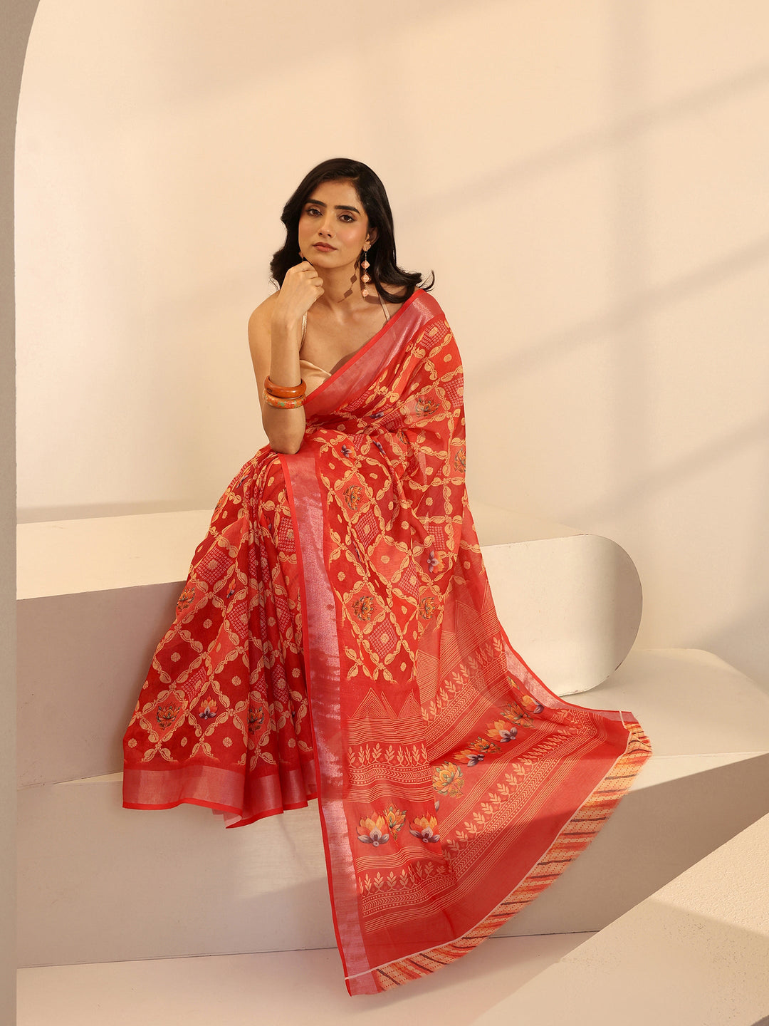 Peach Orange Floral Print Cotton Blend Saree