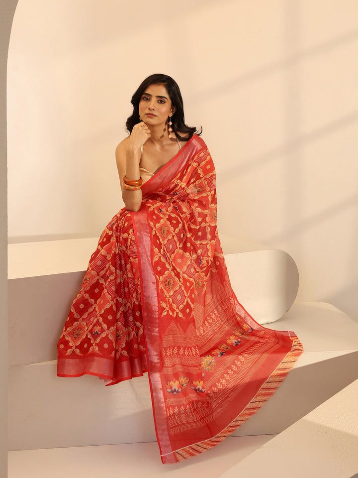 Libas Peach Ethnic Motif Printed cotton blend Saree