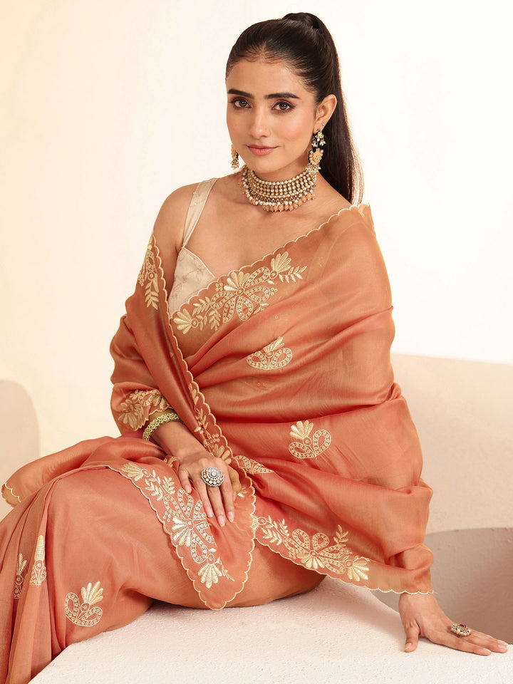 Libas Peach Floral Embroidered Net Saree