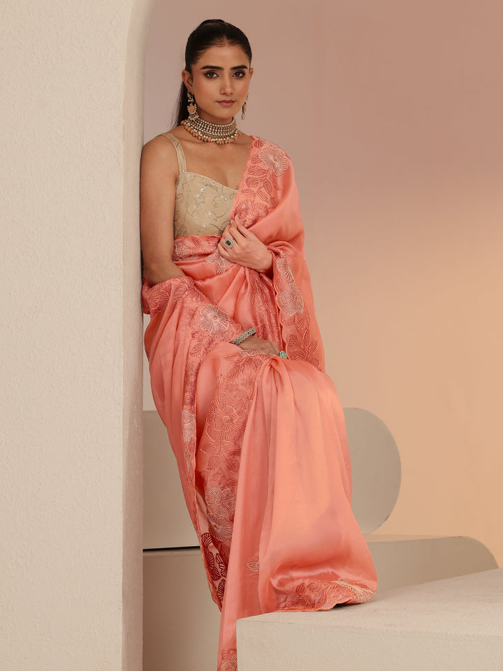 Libas Peach Floral Embroidered Net Saree
