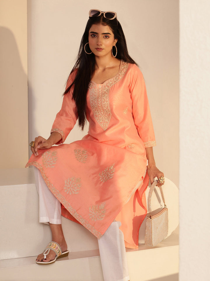 Libas Peach Floral Embroidered Silk Blend Straight Kurta