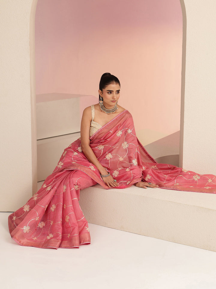 Libas Peach Floral Embroidered Tissue Saree