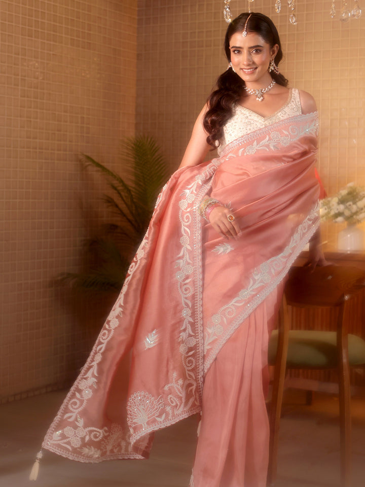 Libas Peach Floral Embroidered Tissue Saree