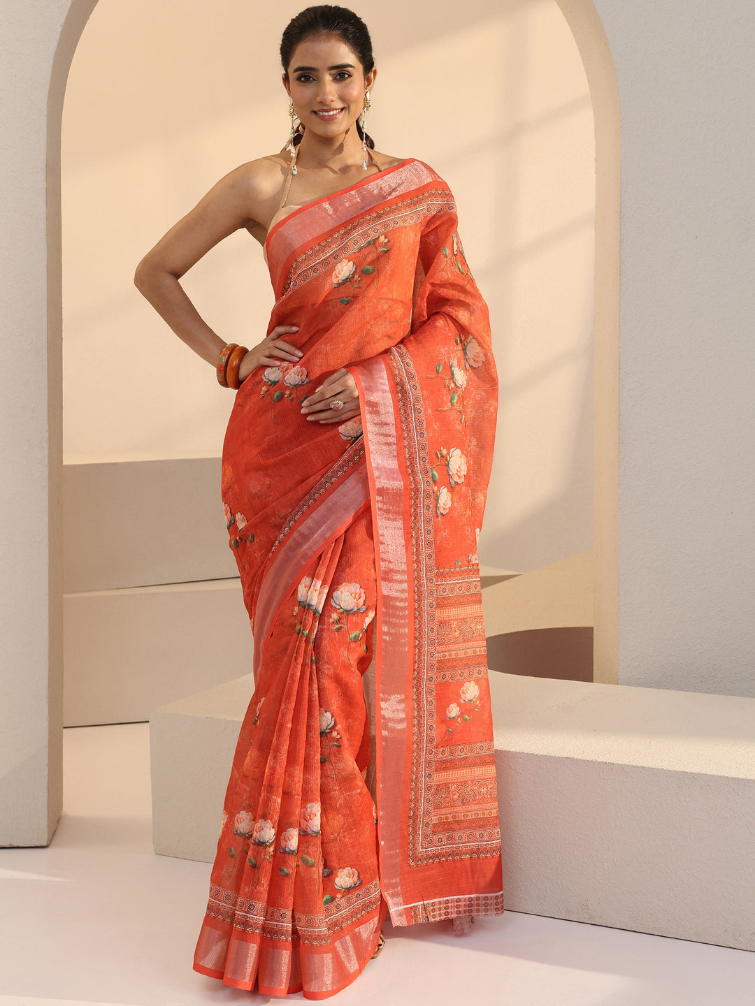Libas Peach Floral Printed cotton blend Saree
