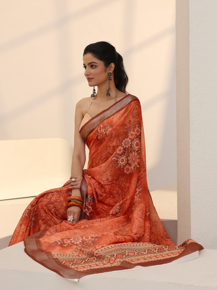 Libas Peach Floral Print Cotton Blend Saree