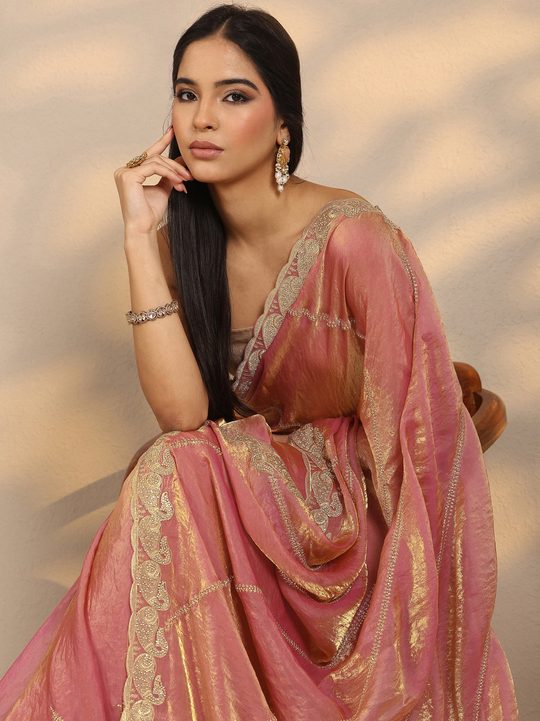 Peach Leheriya Embellished Silk Blend Saree With Unstitched Blouse Piece