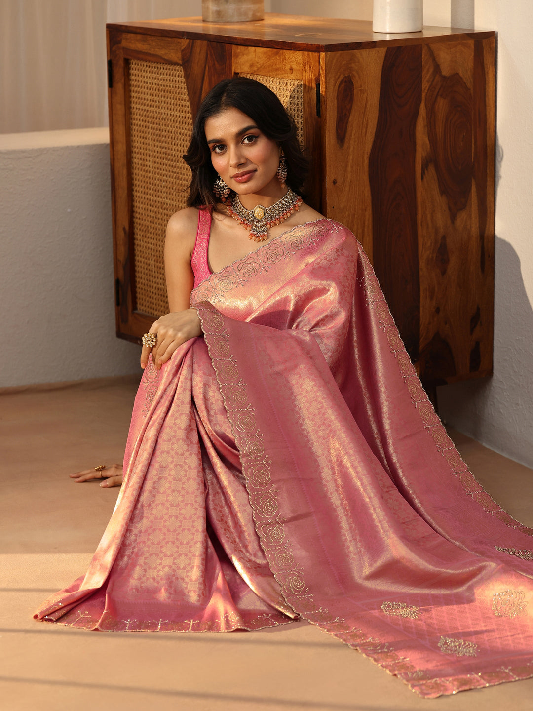 Peach Silk Blend Saree with Embellished Border