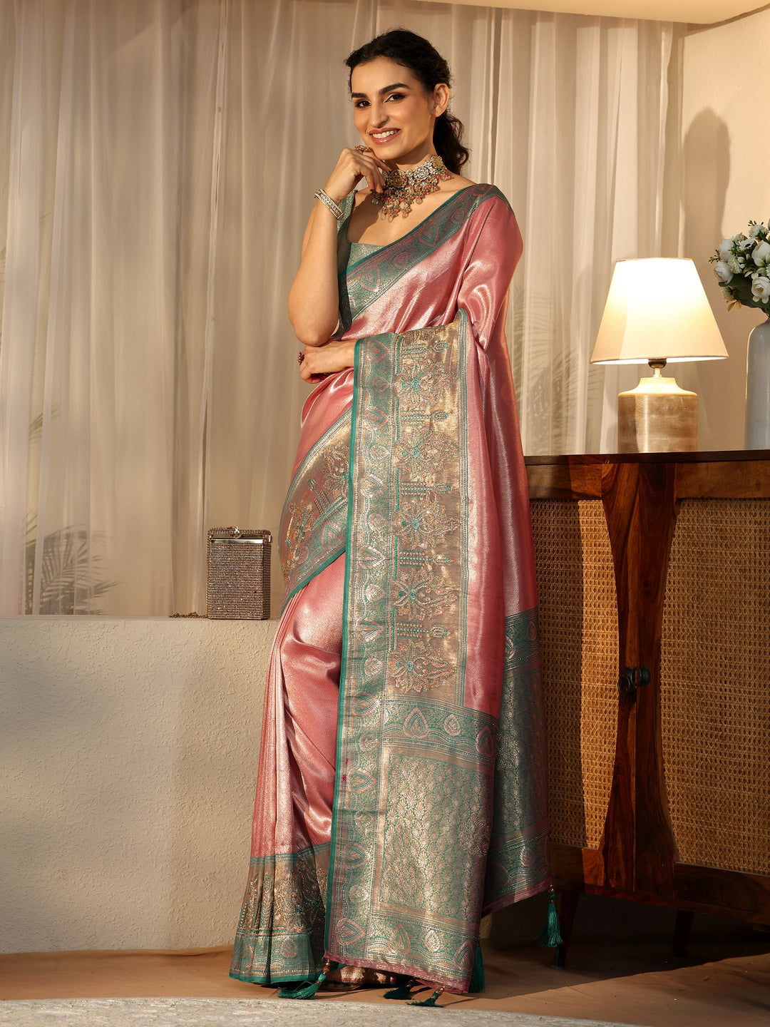 Libas Peach Silk Blend Saree with Woven Border