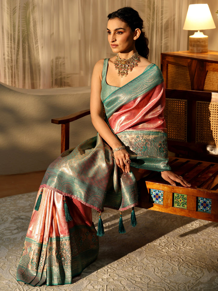 Libas Peach Silk Blend Saree with Woven Border