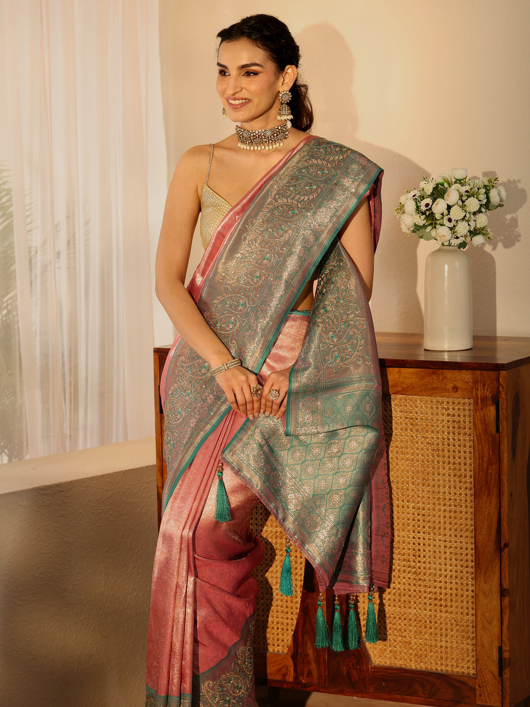 Libas Peach Silk Blend Saree with Woven Border