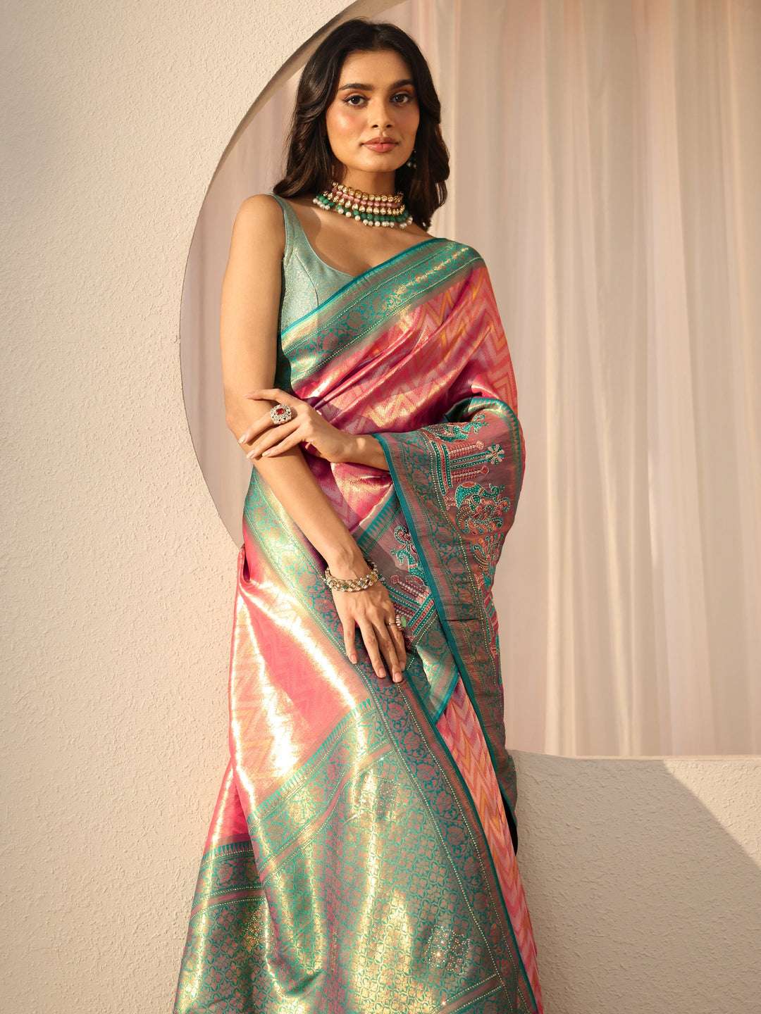 Libas Peach Silk Blend Saree with Woven Border