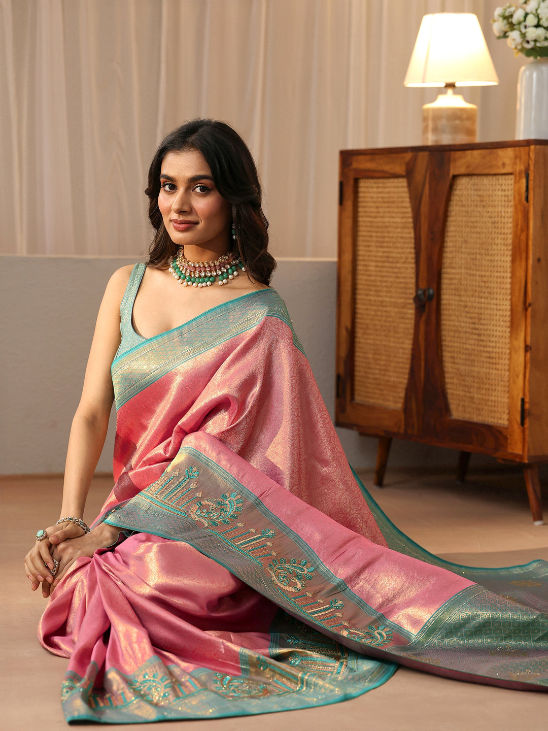 Peach Silk Blend Saree with Woven Border