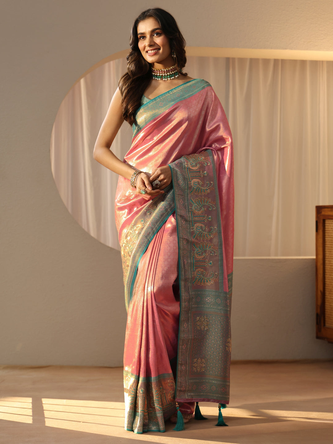 Peach Silk Blend Saree with Woven Border