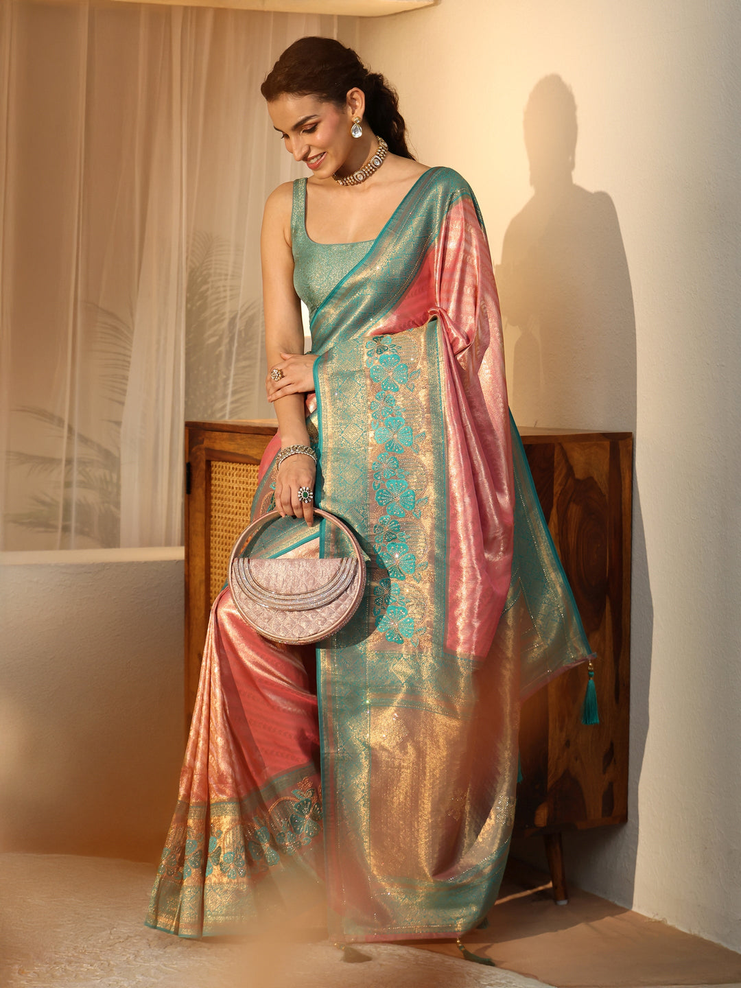 Libas Peach Silk Blend Saree with Woven Border