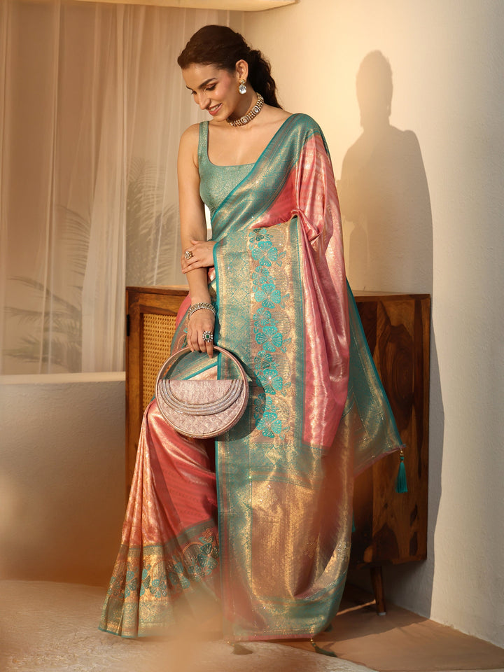 Libas Peach Silk Blend Saree with Woven Border