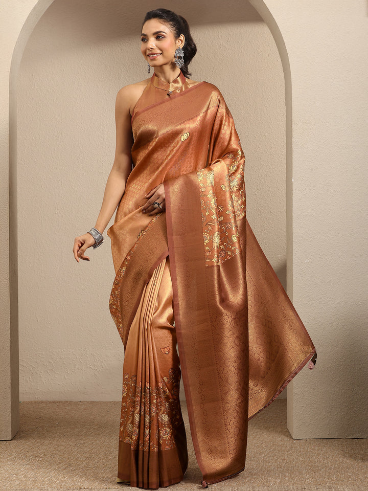 Peach Woven Design Silk Blend Saree With Unstitched Blouse Piece