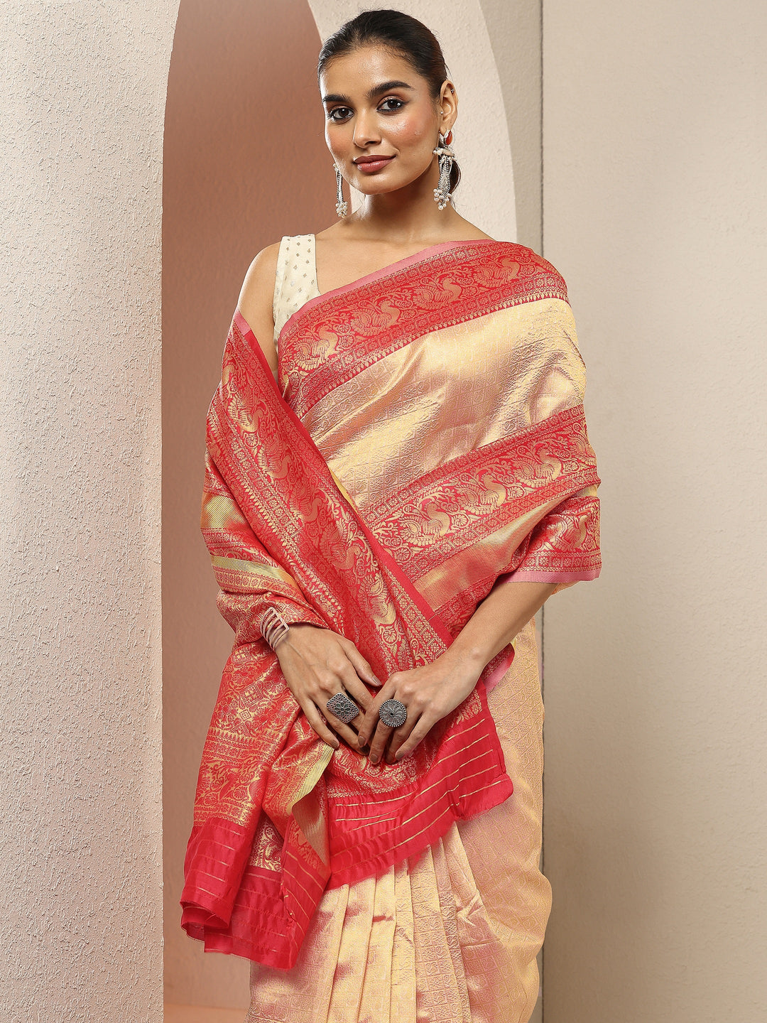 Peach Woven Design Silk Blend Sarees With Unstitched Blouse Piece