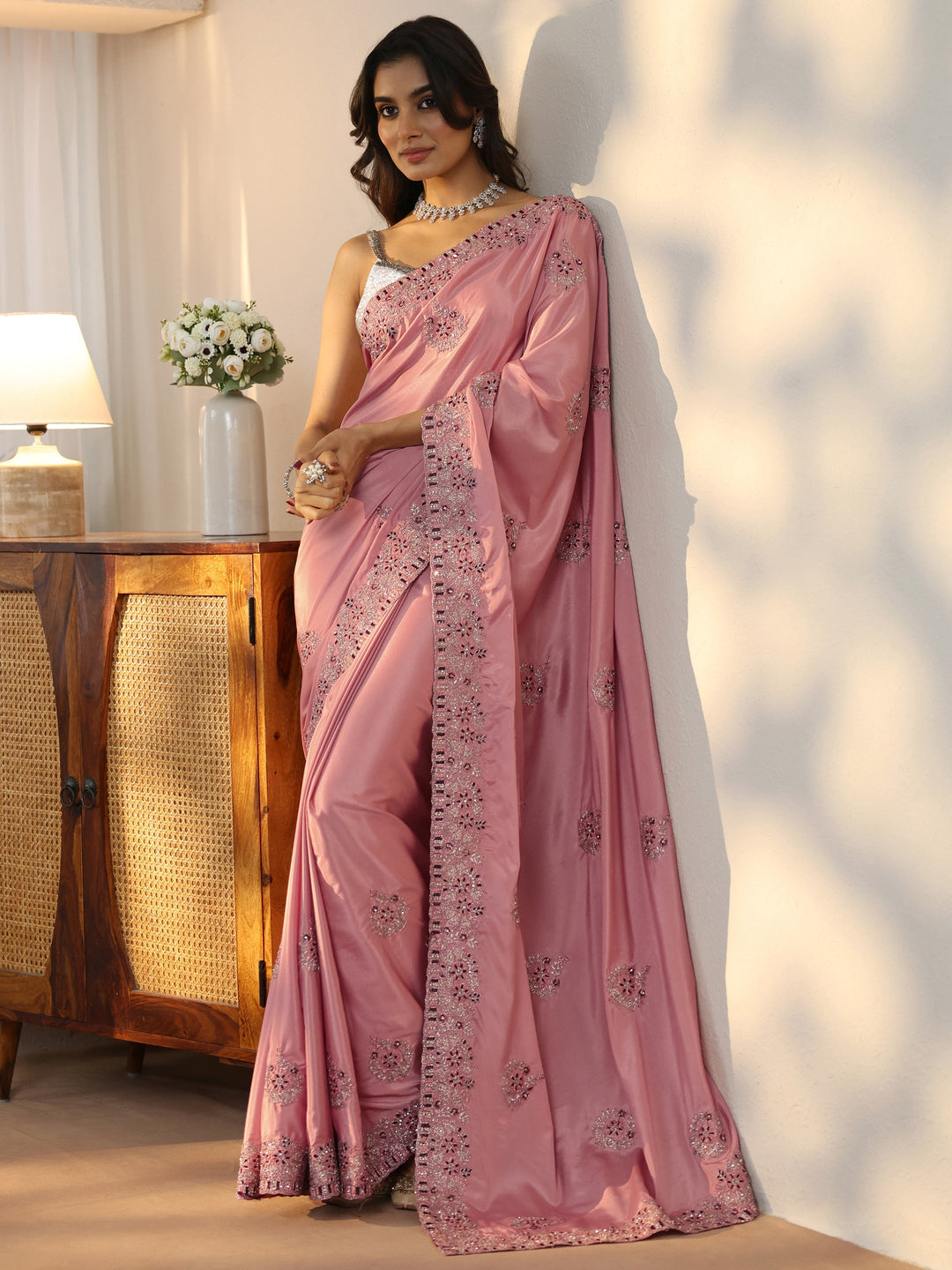 Peach Floral Embroidered Satin Saree