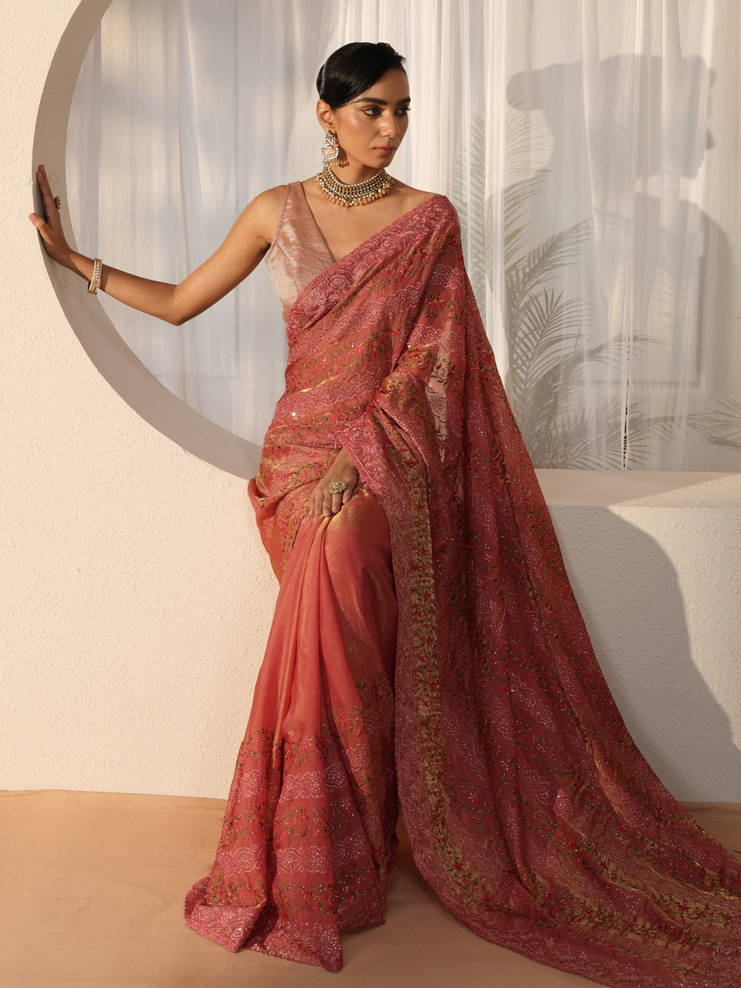 Peach Floral Embroidered Tissue Saree