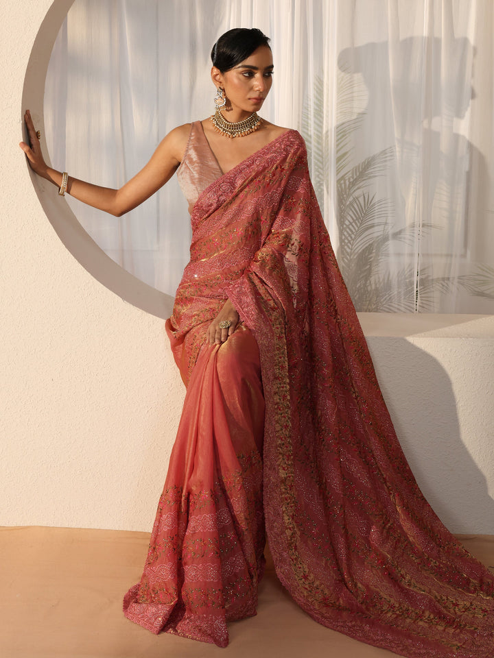 Peach Floral Embroidered Tissue Saree