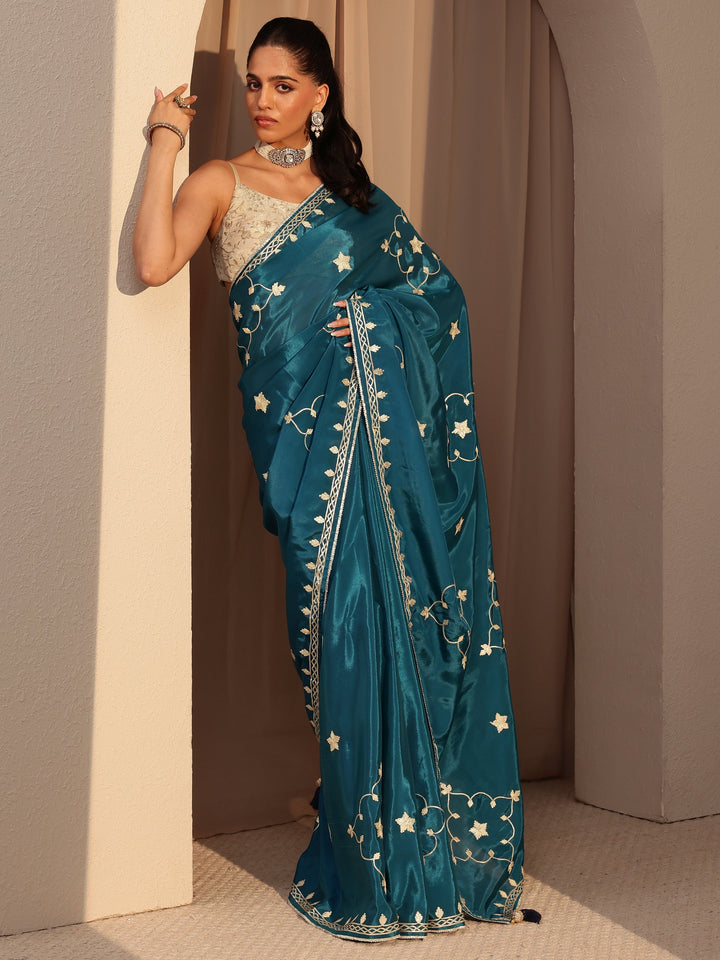 Libas Peacock Blue Embellished Satin Saree