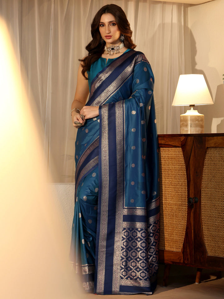Libas Peacock Blue Ethnic Woven Design Silk Blend Saree