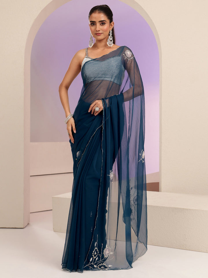 Libas Peacock Blue Floral Embellished Chiffon Saree