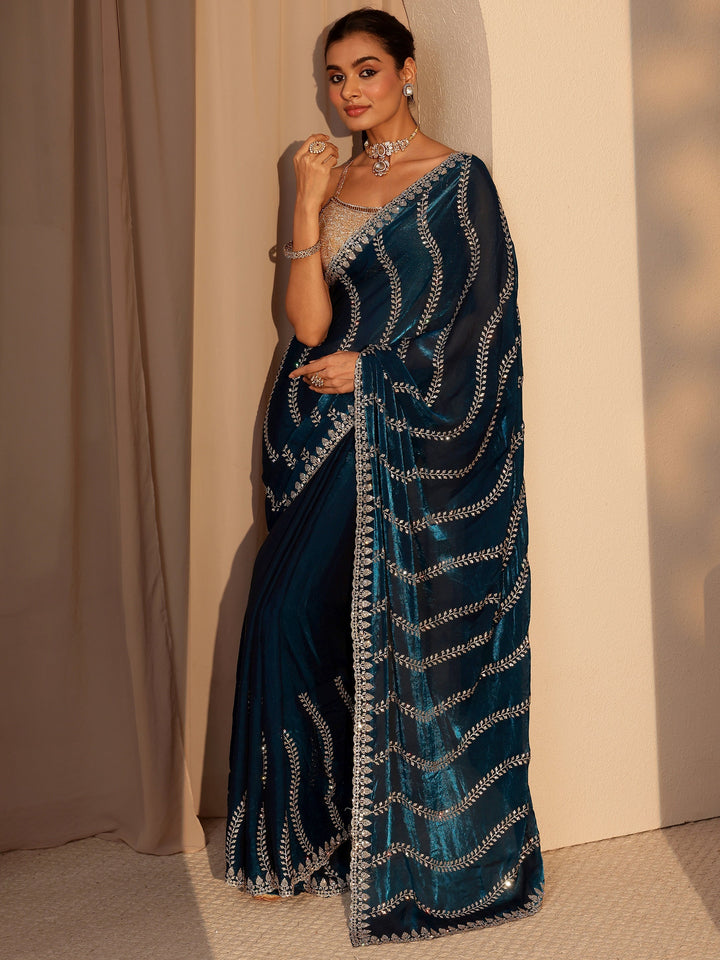 Peacock Blue Floral Embellished Tissue Saree