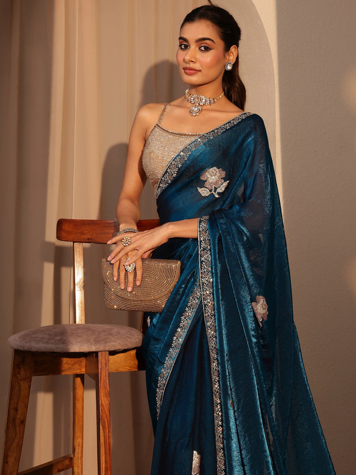 Libas Peacock Blue Floral Embellished Tissue Saree
