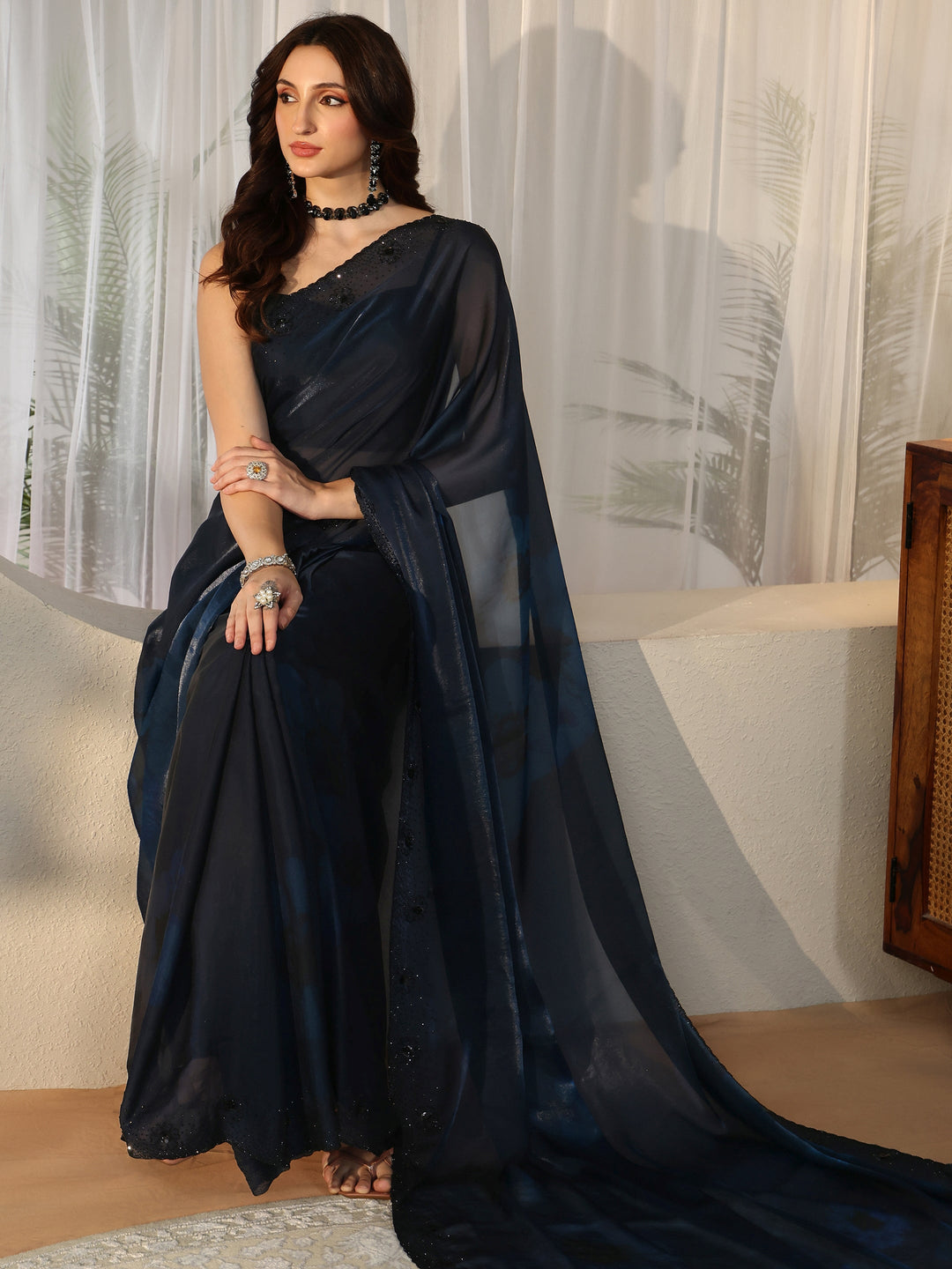 Libas Peacock Blue Floral Silk Blend Saree