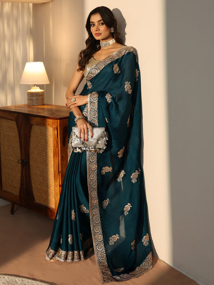 Peacock Blue Floral Embroidered Chiffon Saree