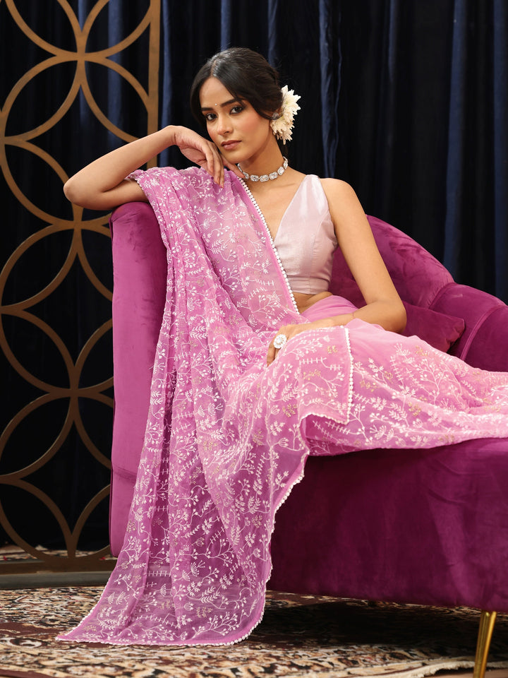 Libas Peony Pink Floral Embroidered Chiffon Saree
