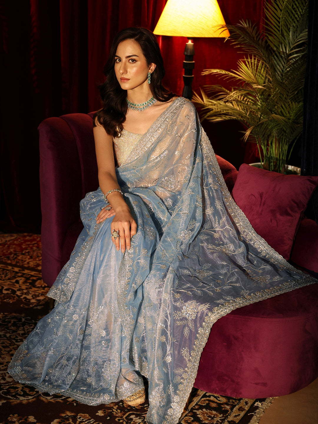 Libas Periwinkle Blue Floral Embellished Net Saree