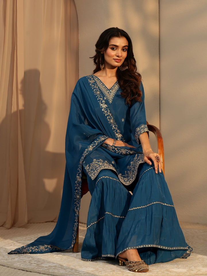 Libas Persian Blue Embellished Chanderi Cotton Sharara Suit Set