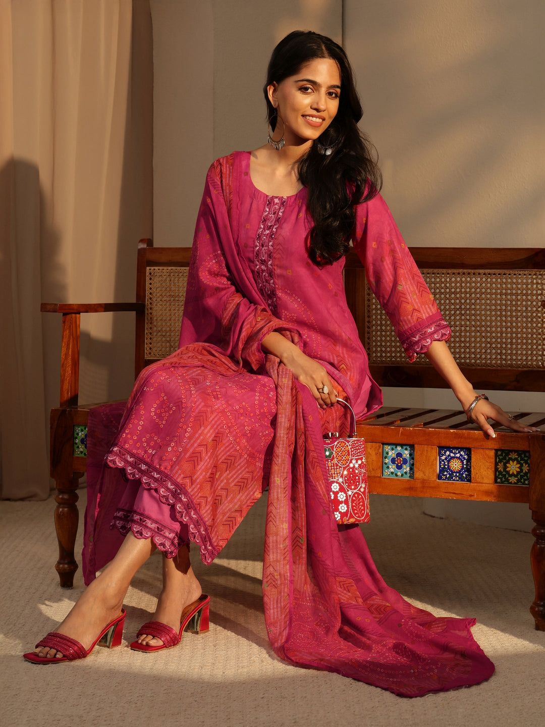 Pink Bandhani Print Straight Cotton Suit Set