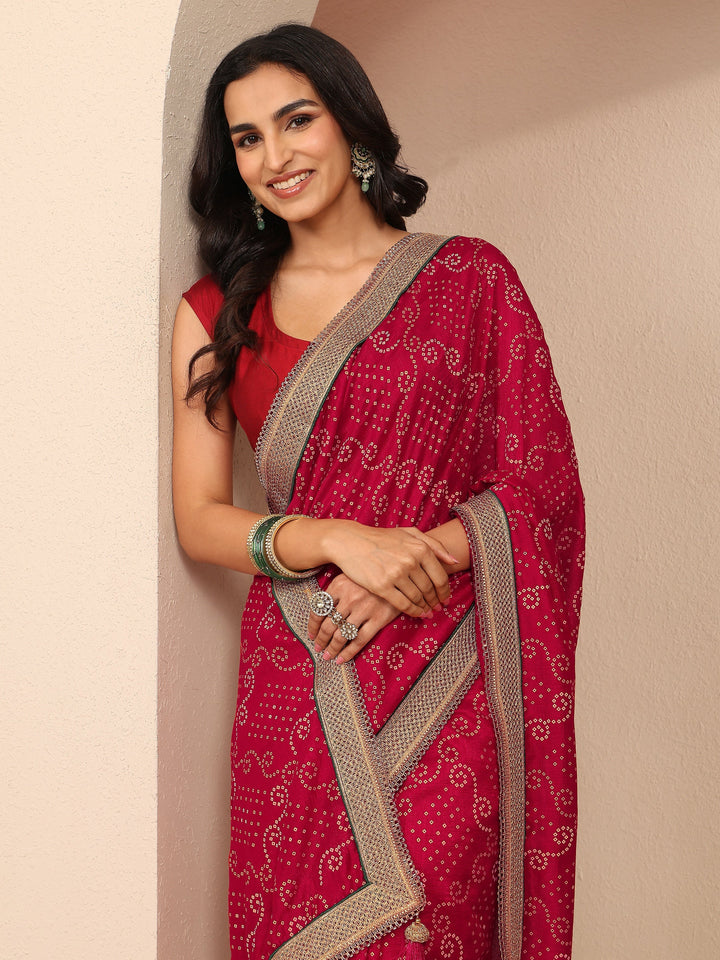 Pink Bandhani Printed Silk Blend Saree With Unstitched Blouse Piece