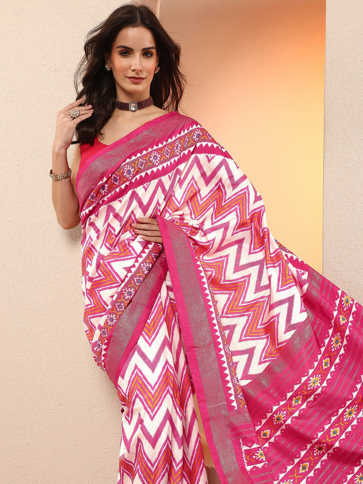 Pink Chevron Printed Sarees With Unstitched Blouse Piece