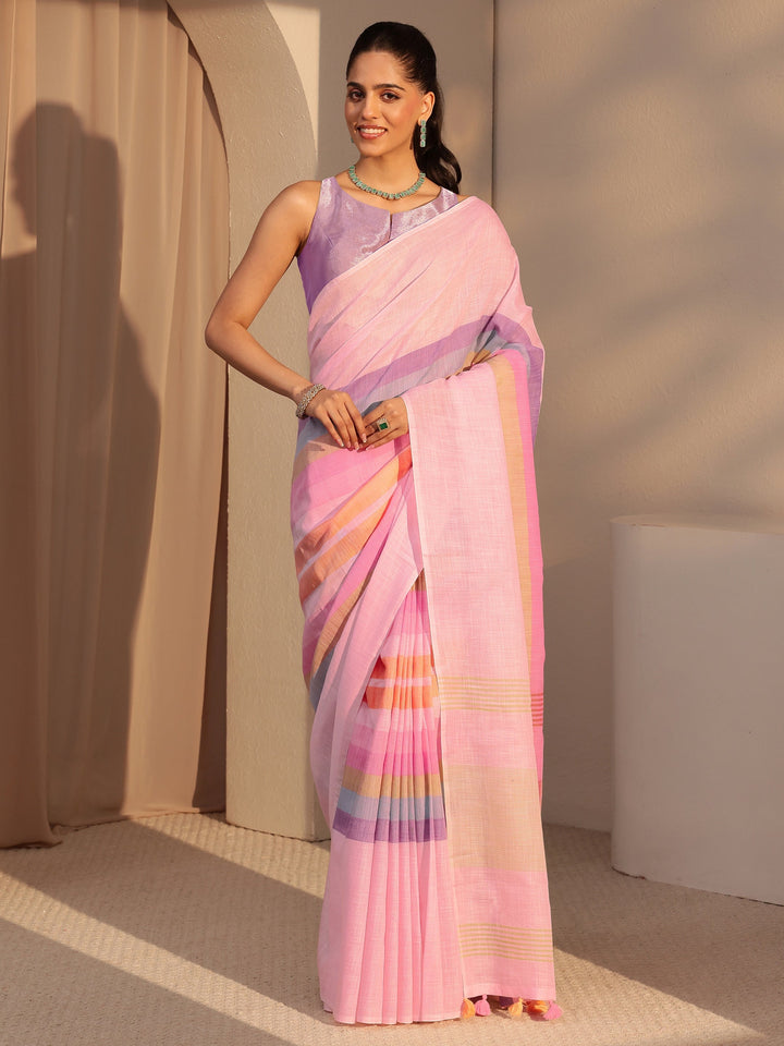 Libas Pink Colorblock Printed Cotton Blend Saree