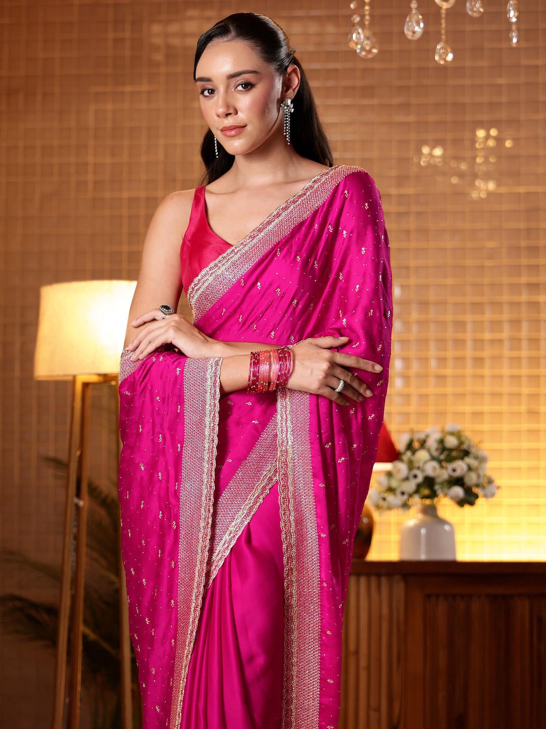 Pink Embellished Chiffon Saree