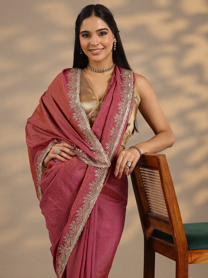 Pink Embellished Silk Blend Saree With Unstitched Blouse Piece