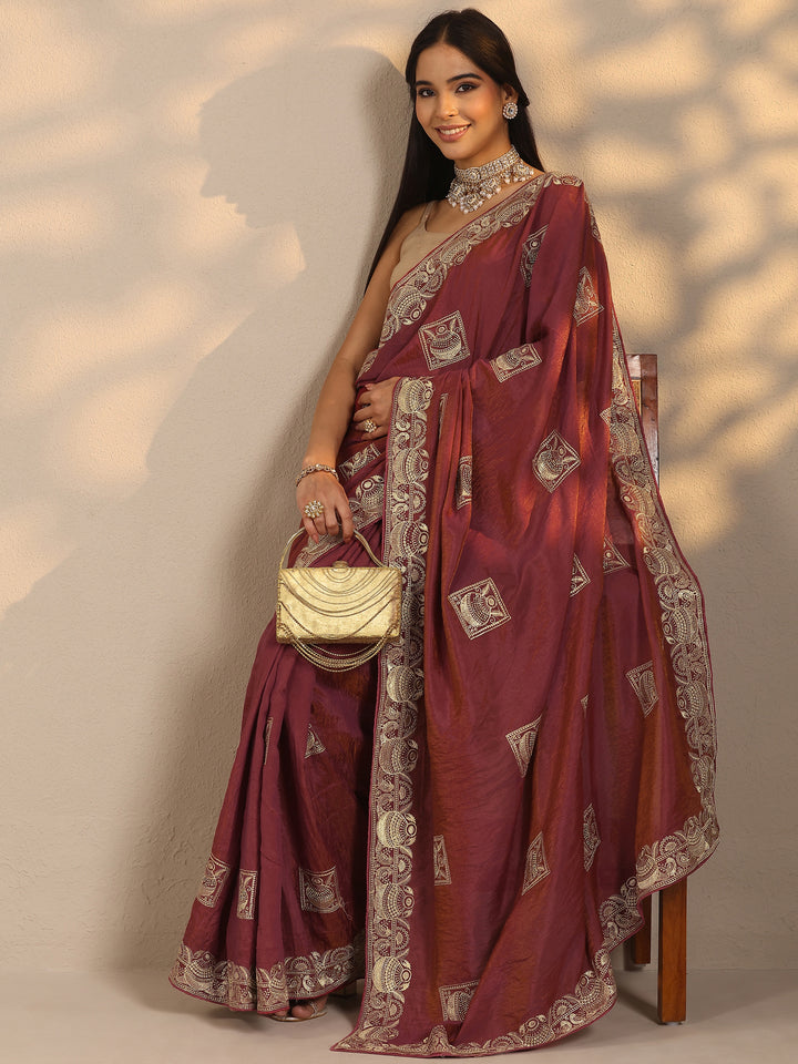 Pink Embellished Silk Blend Saree With Unstitched Blouse Piece