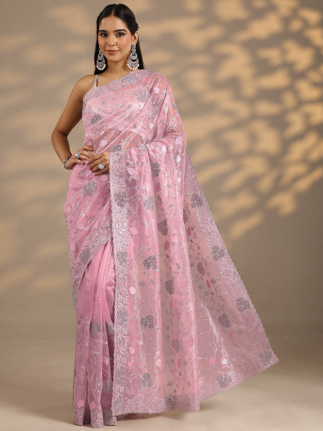 Pink Embroidered Nylon Saree With Unstitched Blouse Piece