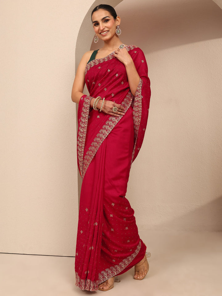 Pink Embroidered Silk Blend Saree With Unstitched Blouse Piece