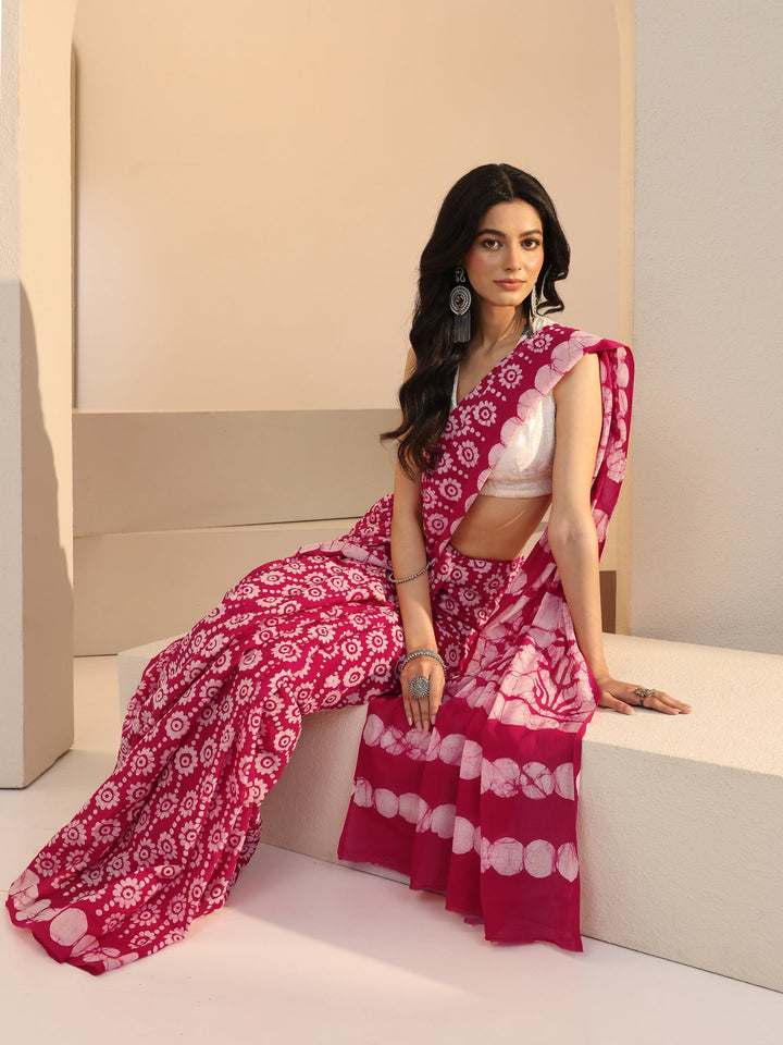 Libas Pink Floral Batik Print Cotton Saree