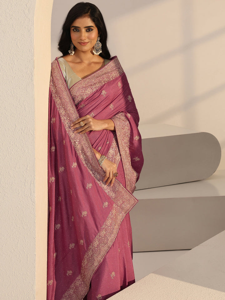 Libas Vintage Pink Floral Embellished Satin Saree