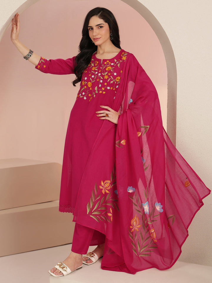 Libas Pink Floral Embroidered Cotton Straight Suit Set