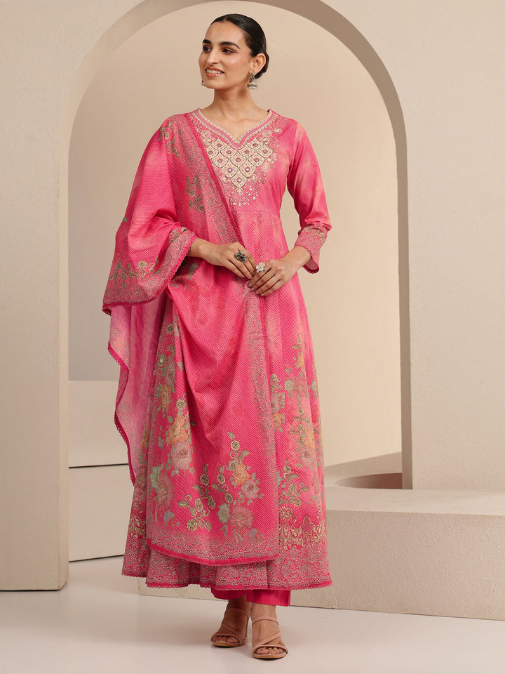 Libas Pink Floral Printed Cotton Anarkali Suit Set
