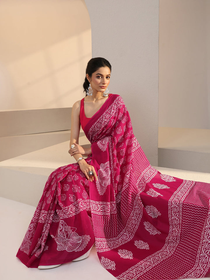 Libas Rose Pink Block Printed Cotton Saree
